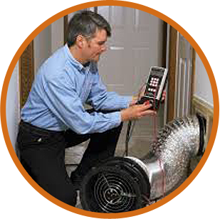 mister-green-jeans-duct-cleaner-img A man in a blue shirt, likely an insulation installer from an insulation company, uses a device to check airflow from a duct or vent inside a building.