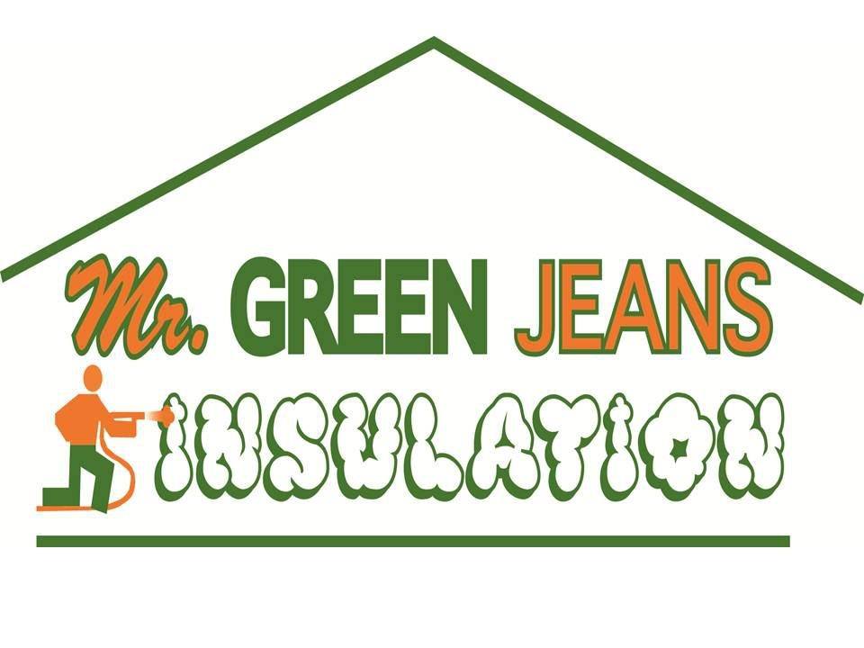 Logo for Mr. Green Jeans Insulation featuring a worker spraying foam insulation material and the company name in green and orange lettering, representing this leading insulation company in Baton Rouge.